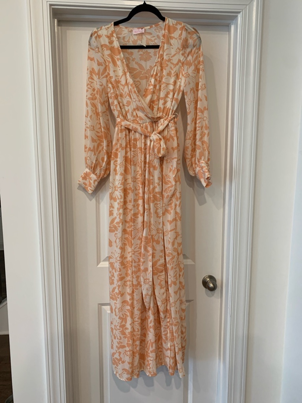 Pink Lily Peach Floral Maxi Dress double front split lined S NWOT